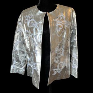 Chico's - Silver Leather Cut-Out Mesh Jacket - Size 2 = L